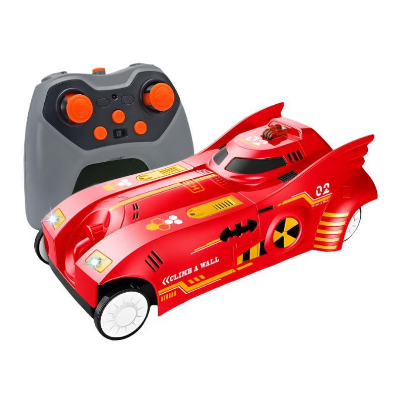 Voiture RC rouge sur un mur, vue en action