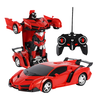 Voiture télécommandée transformable rouge, en position robot