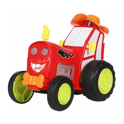Voiture télécommandée rouge avec lumières allumées en action