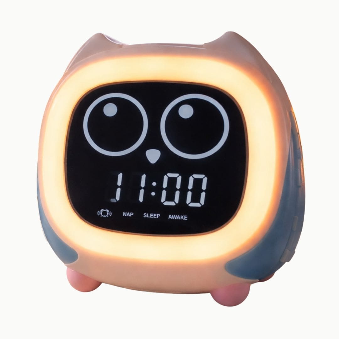 Vue arrière du réveil hibou avec connexion Bluetooth visible