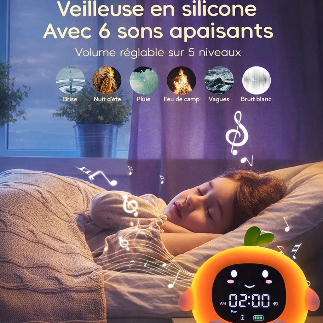 Réveil veilleuse pêche et orange côte à côte sur une table