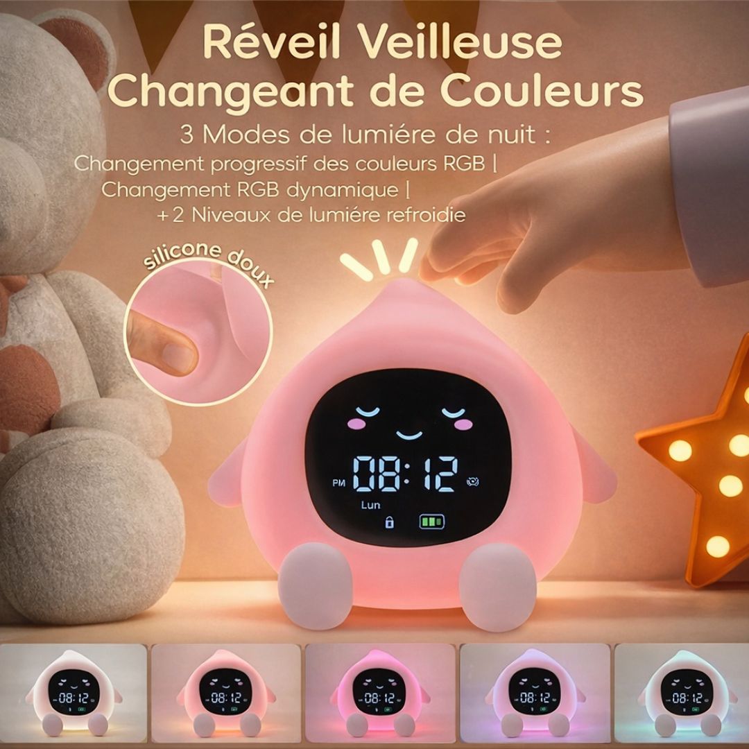 Vue de côté du réveil veilleuse pêche en silicone
