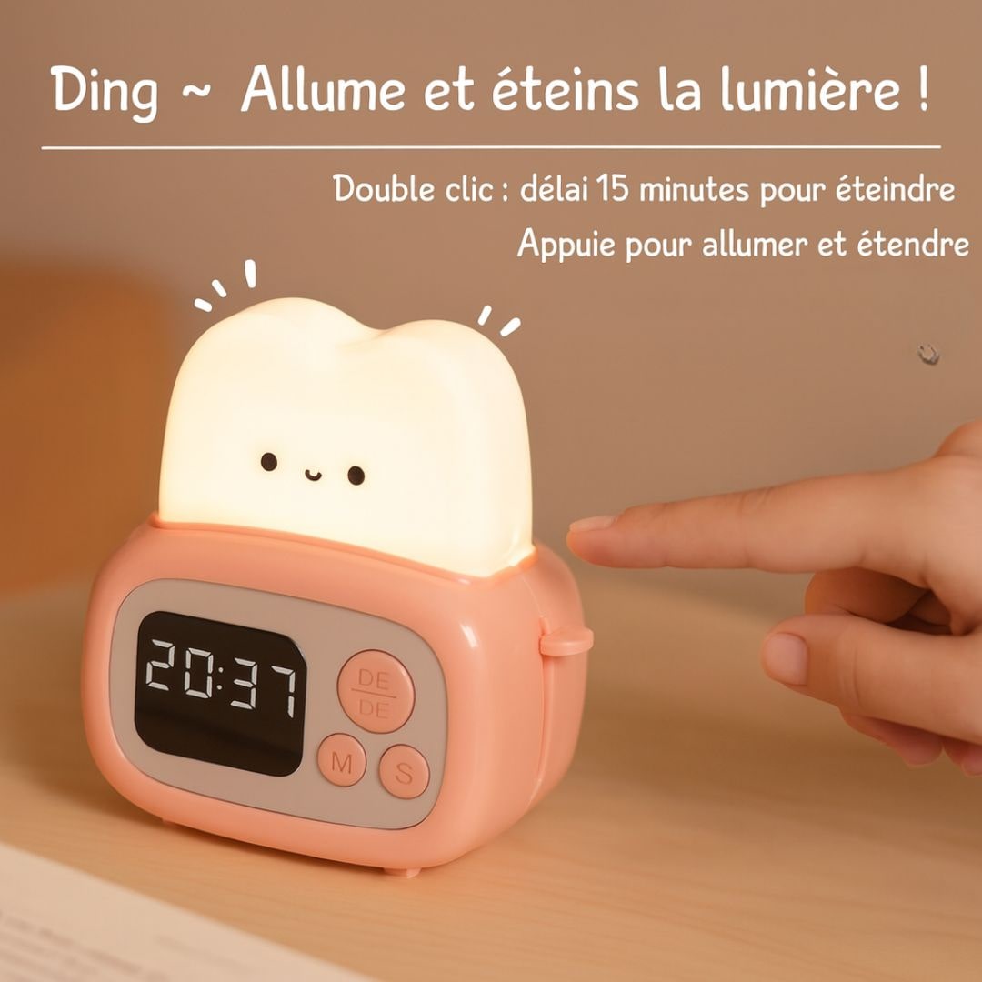 Vue latérale du réveil en plastique montrant les boutons