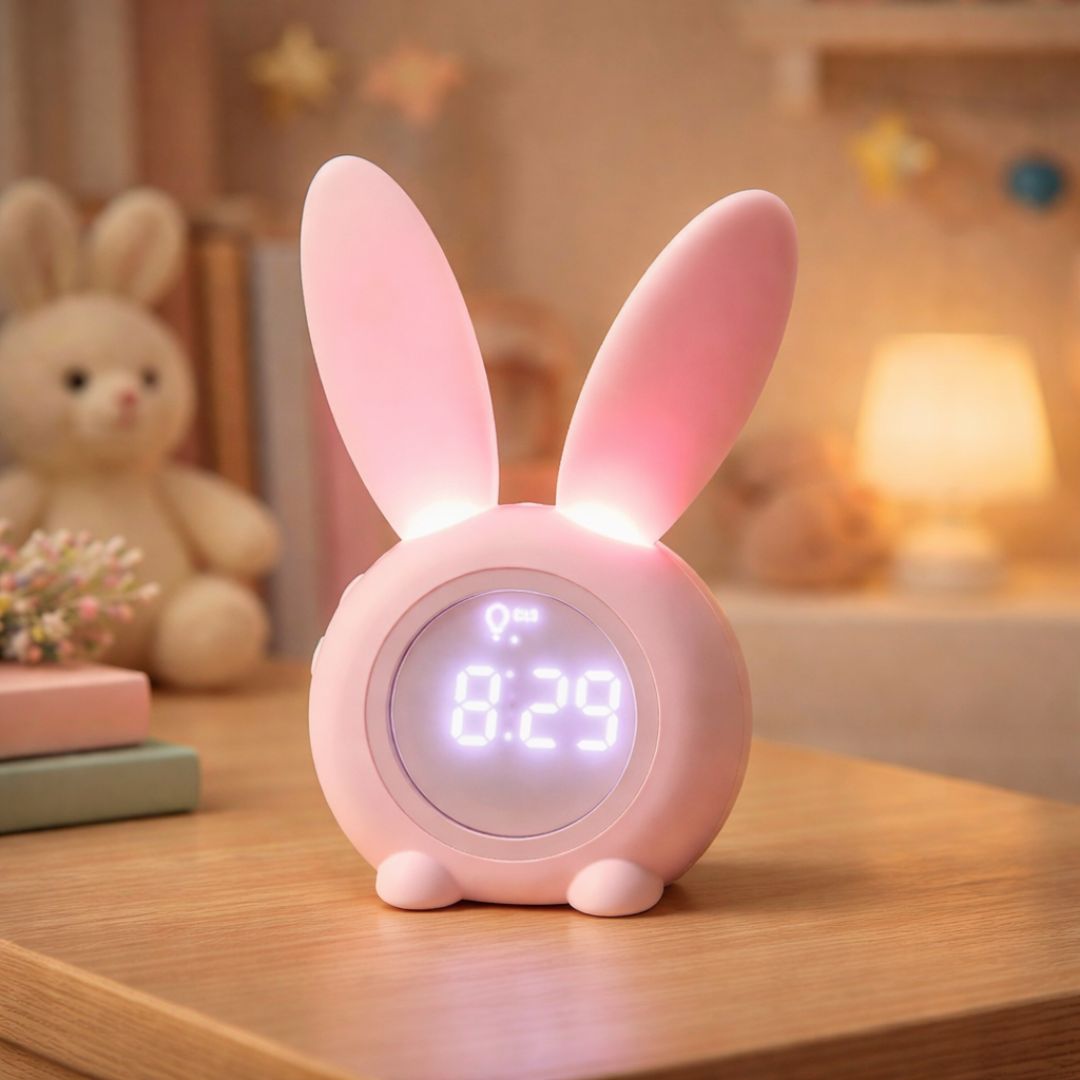 Réveil lapin LED avec oreilles lumineuses sur fond blanc