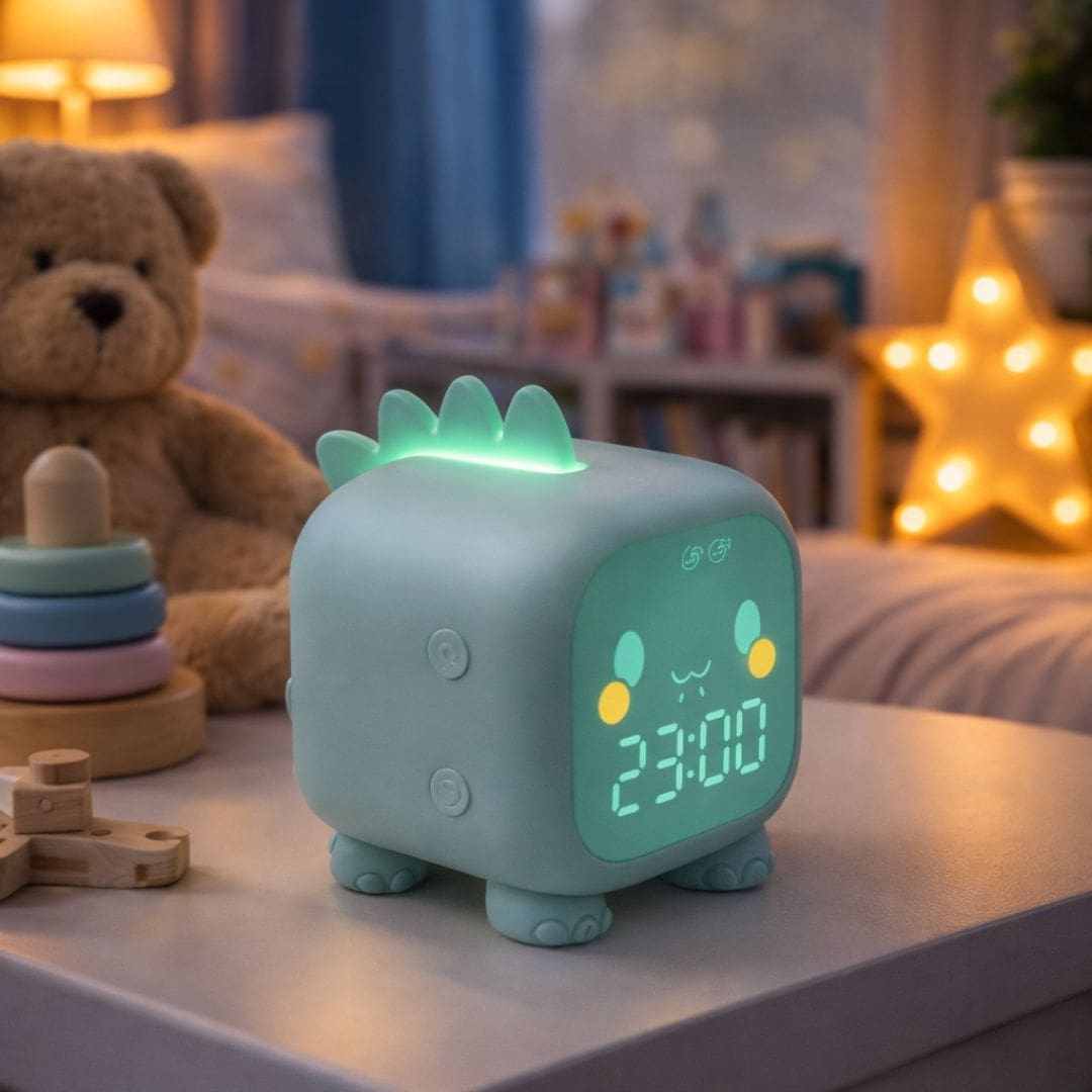 Réveil dinosaure en silicone vert avec écran LED allumé