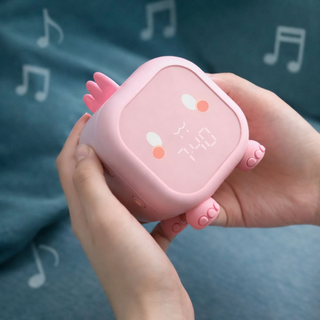 Vue de côté du réveil dinosaure bleu, affichant l'heure