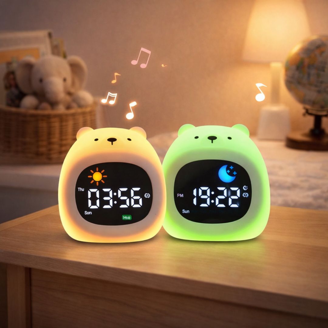 Réveil veilleuse lumineux avec boutons visibles sur le dessus