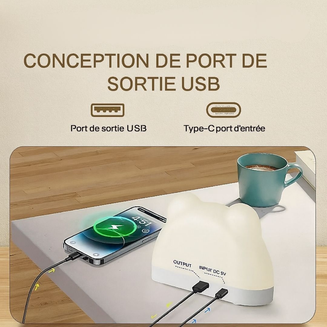 Réveil veilleuse avec câble USB Type-C branché