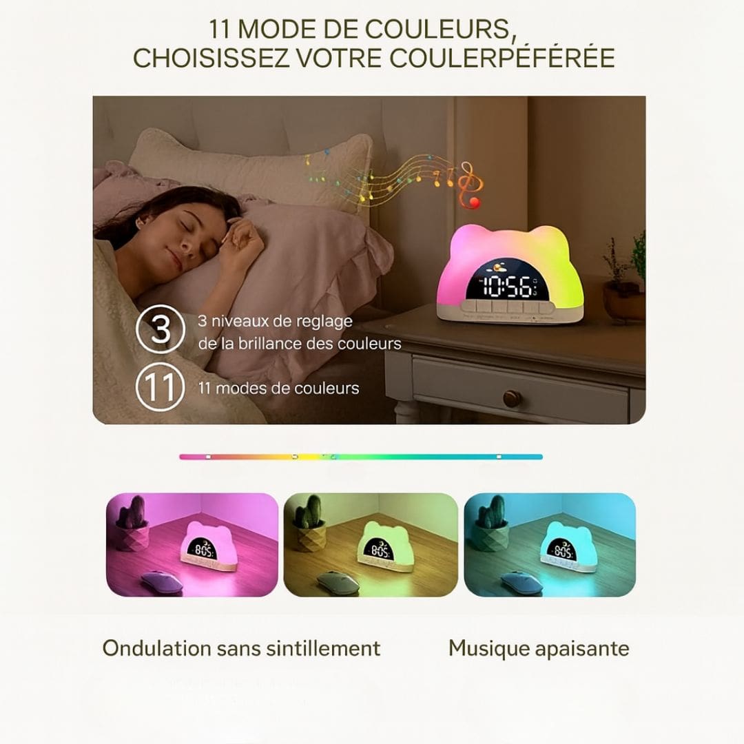 Gros plan sur l'écran LED du réveil enfant