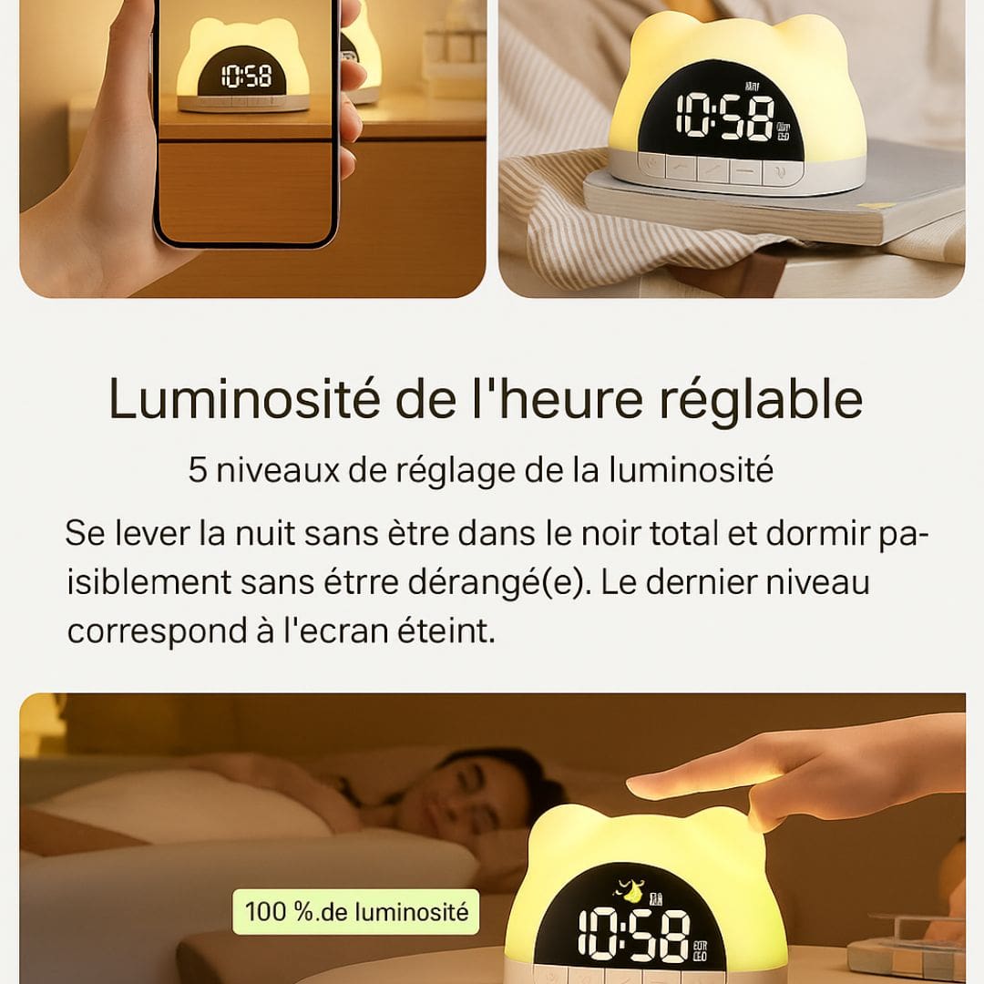 Réveil en plastique blanc, lumière arc-en-ciel visible
