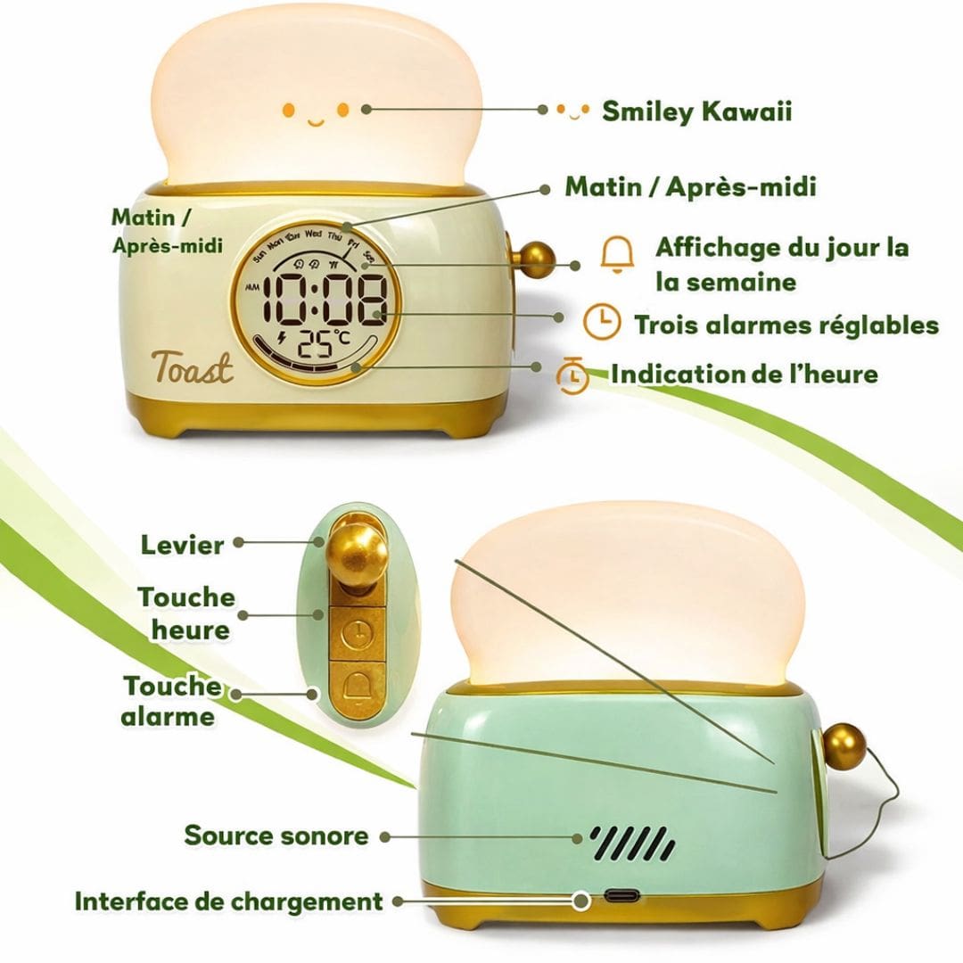 Réveil en forme de toast, couleur verte, sur une table