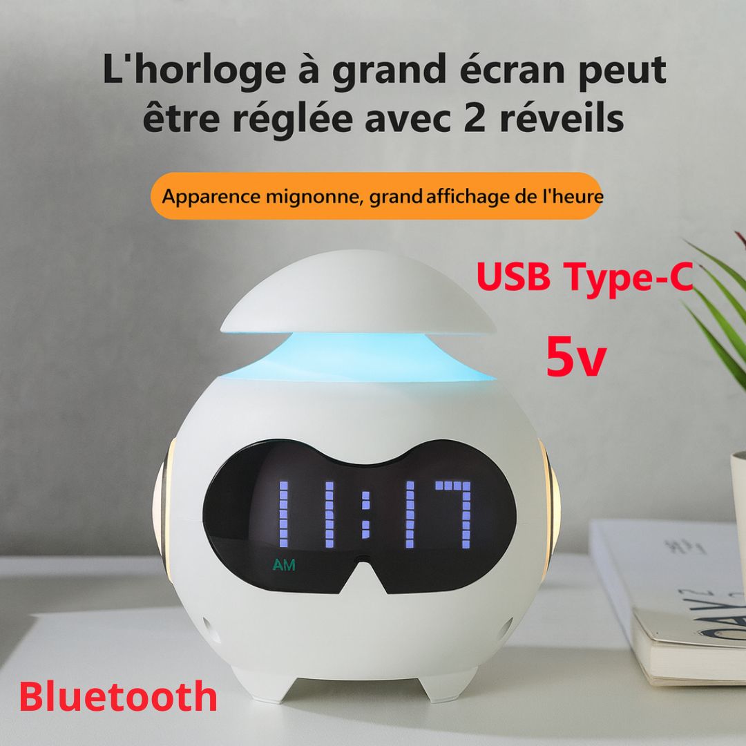 Réveil en couleur rose avec connexion Bluetooth visible