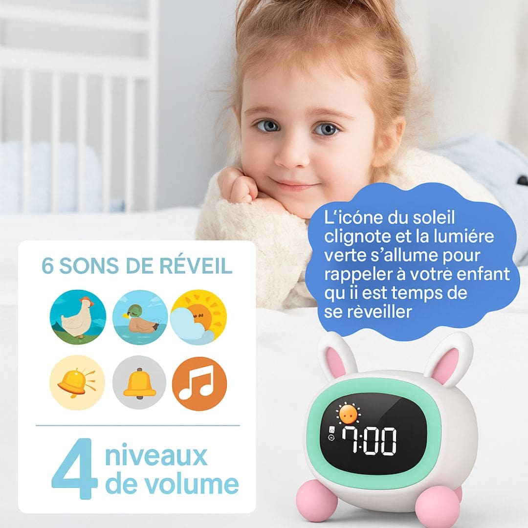 Réveil lapin posé sur une table en bois clair