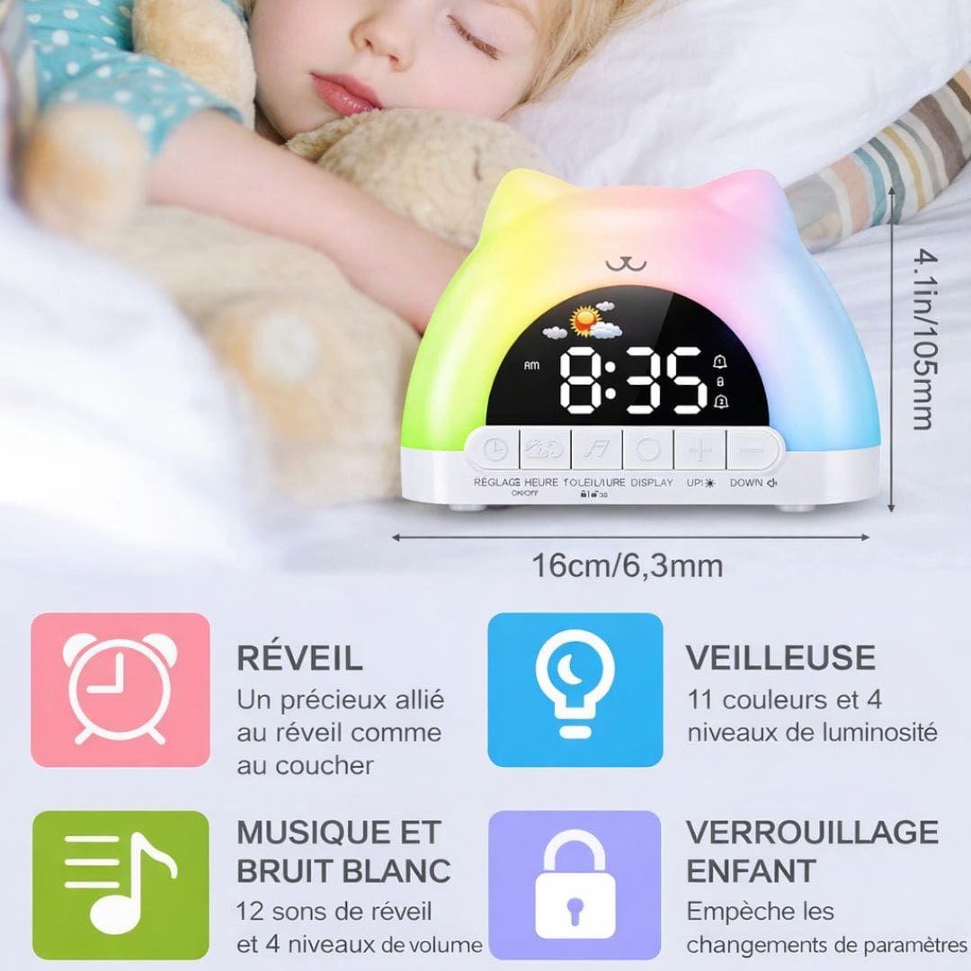 Gros plan sur l'écran LED du réveil digital enfant