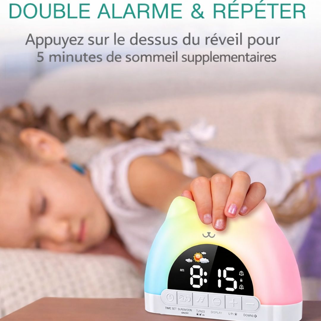 Vue de dessus du réveil chat, détails des boutons visibles