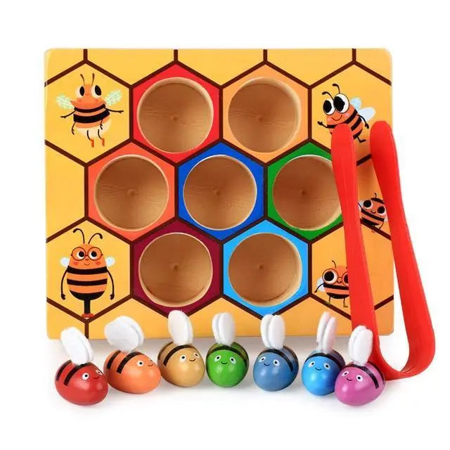 Jeu en bois avec abeilles colorées et ruche