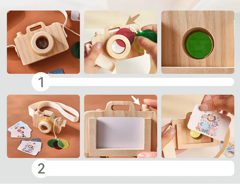Appareil photo en bois pour enfants avec boutons colorés