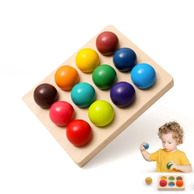 Boules en bois rangées dans une boîte, rangement pratique