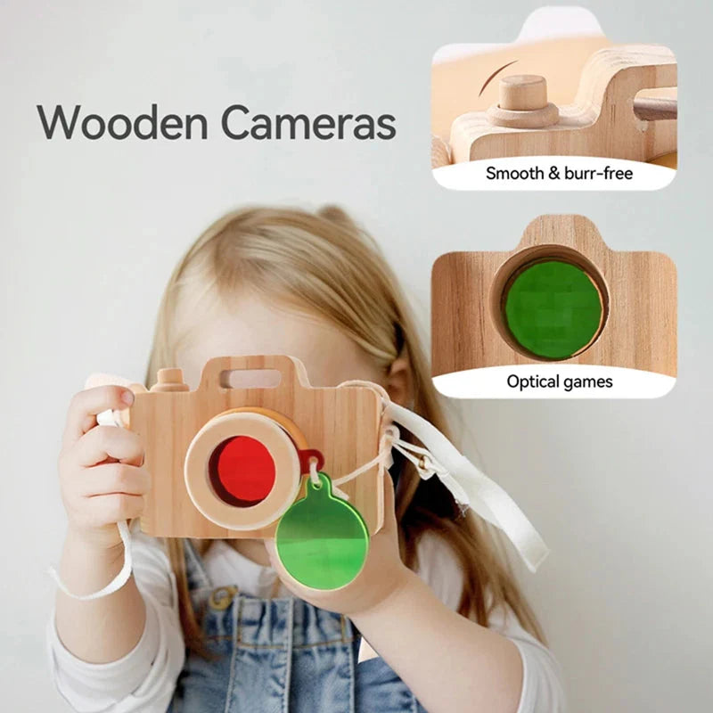 Gros plan sur la lentille de l'appareil photo en bois