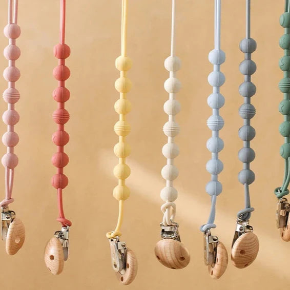 Attache sucette en bois de hêtre et perles de silicone colorées