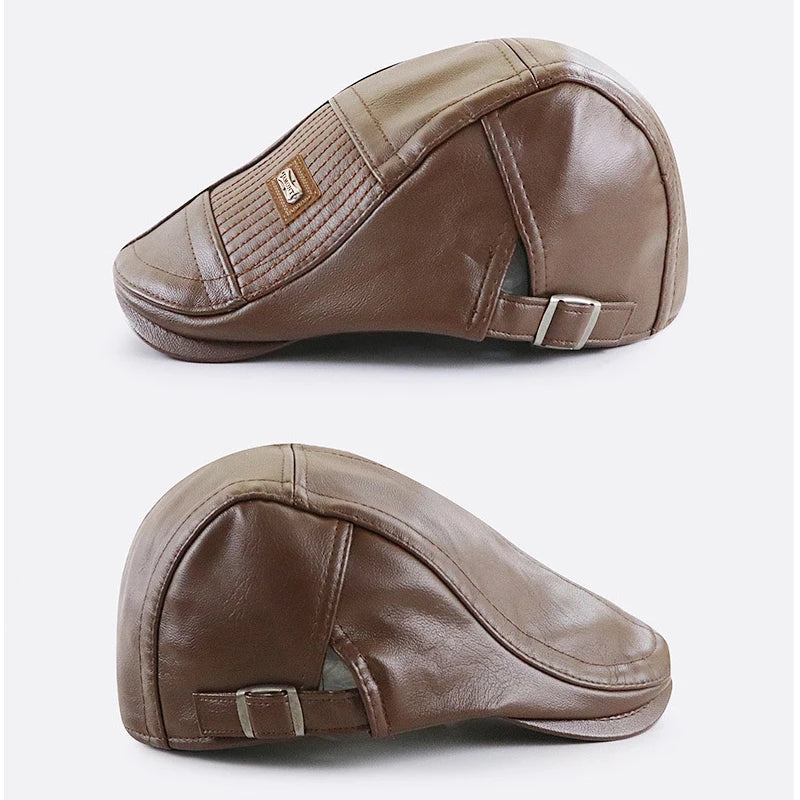 Vue de côté d'un béret en cuir marron ajustable