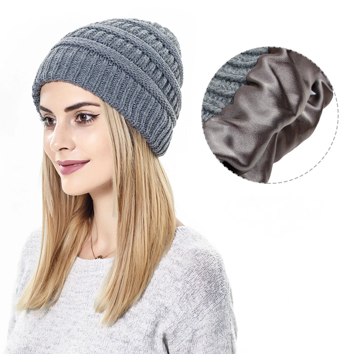 Bonnet tricoté gris avec doublure satinée visible