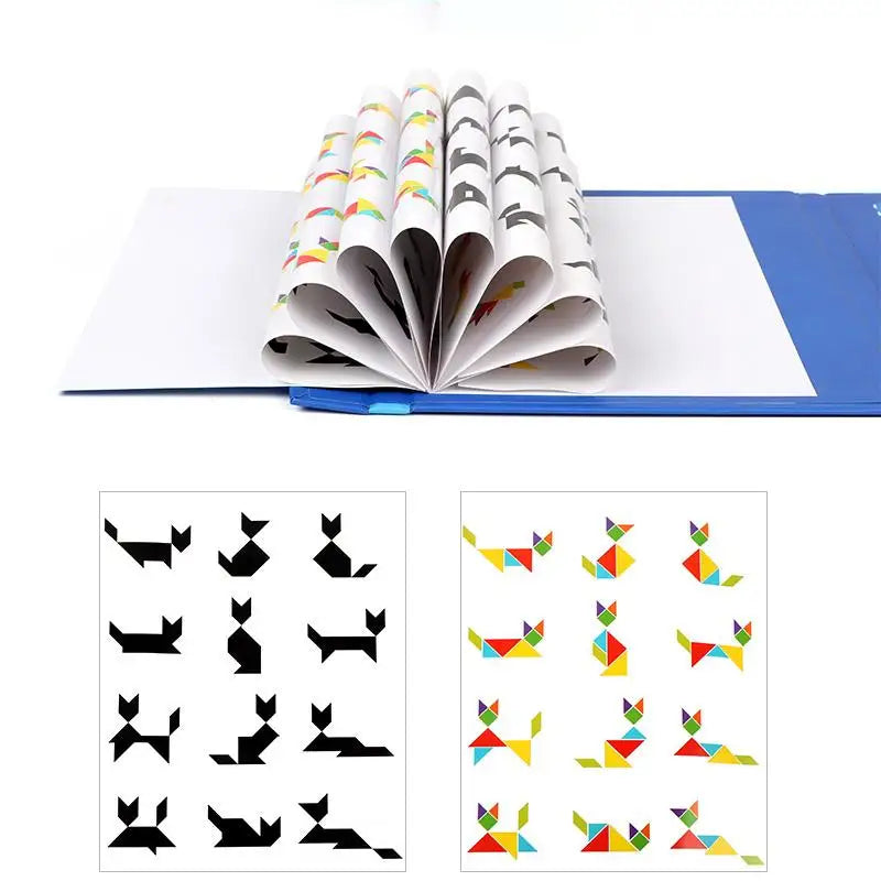 Livret ouvert montrant des modèles de tangram à reproduire