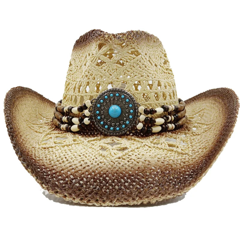 Vue latérale d'un chapeau cowboy en cuir, cordon visible