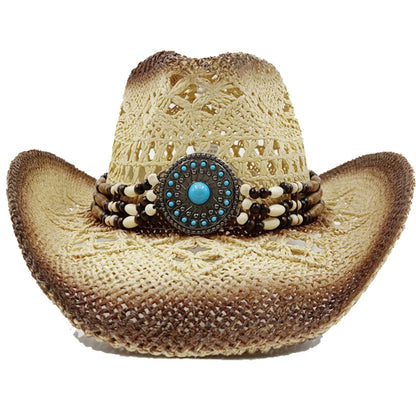 Vue latérale d'un chapeau cowboy en cuir, cordon visible