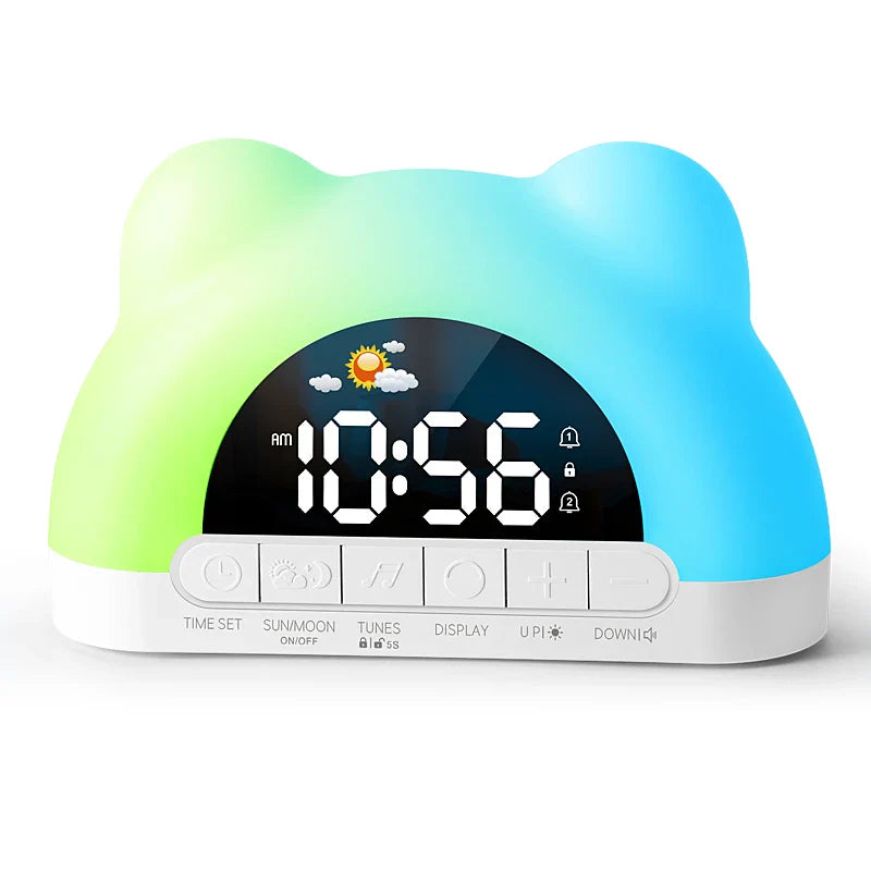 Réveil veilleuse sur table de nuit, lumière tamisée