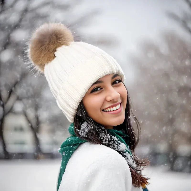 Bonnet en maille épaisse avec pompon en fausse fourrure