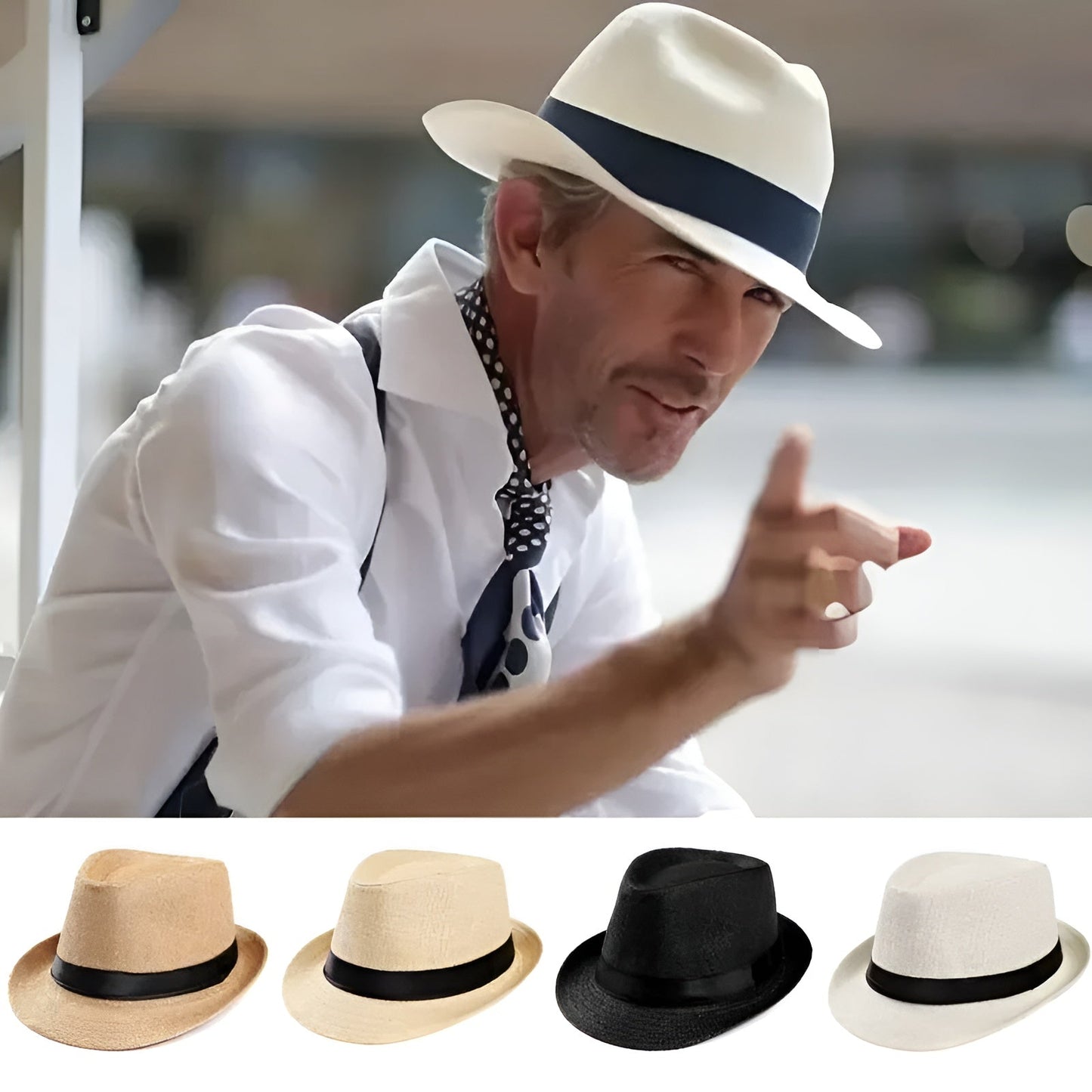 Chapeau Panama avec ruban noir sur fond blanc