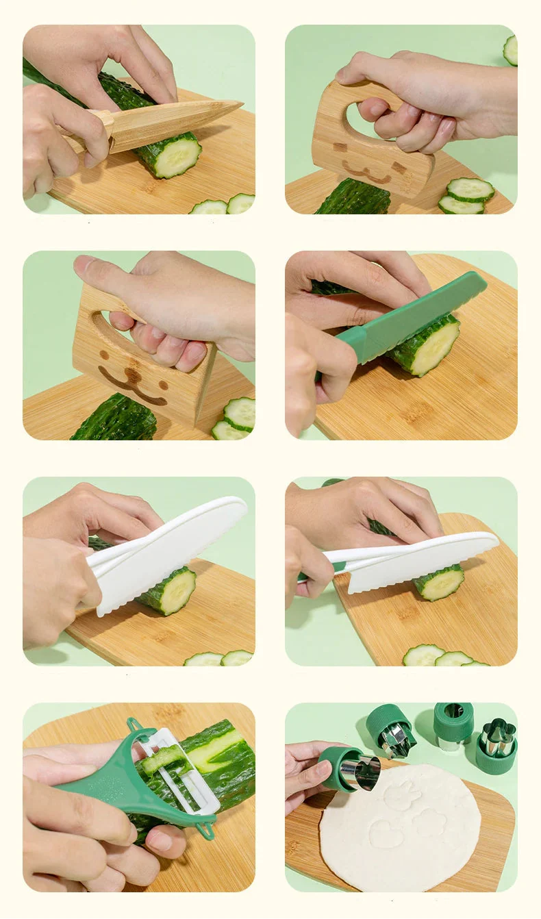 Enfant utilisant un couteau en bois pour couper des légumes