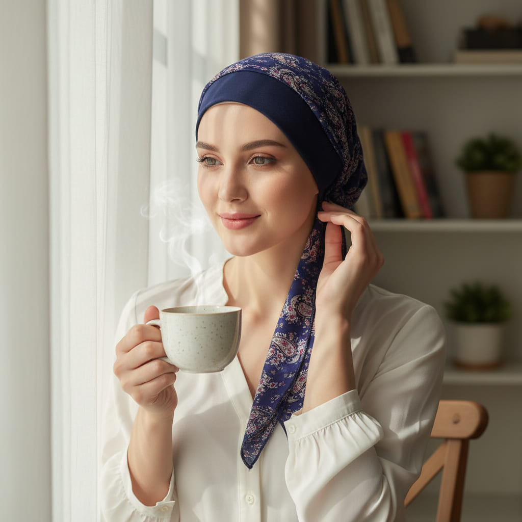 Zoom sur motifs délicats du foulard chimio bleu et violet