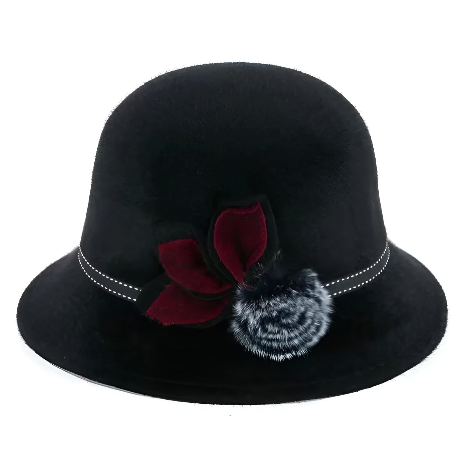 Vue latérale d'un chapeau cloche, ruban noir élégant