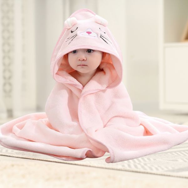 Serviette bébé avec capuche chat rose en polaire douce