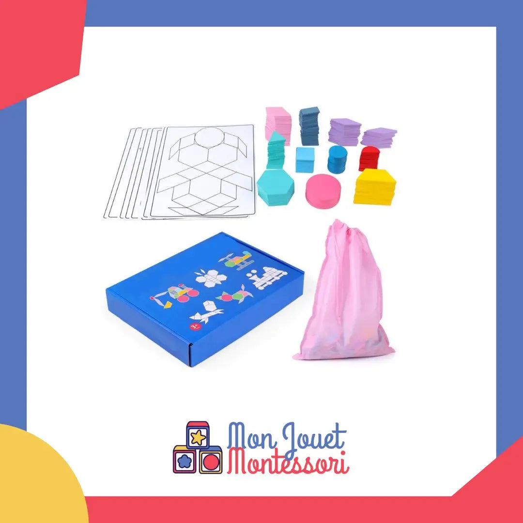 Vue d'ensemble d'un kit complet de pièces Tangram