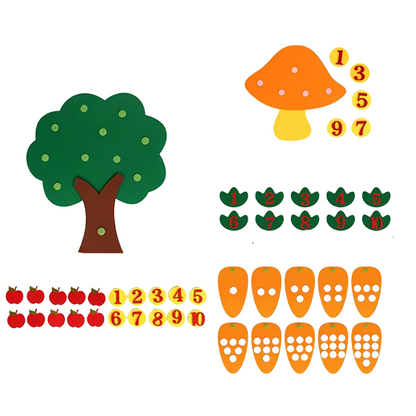 Détails des éléments en feutre : pommier, champignon, carottes