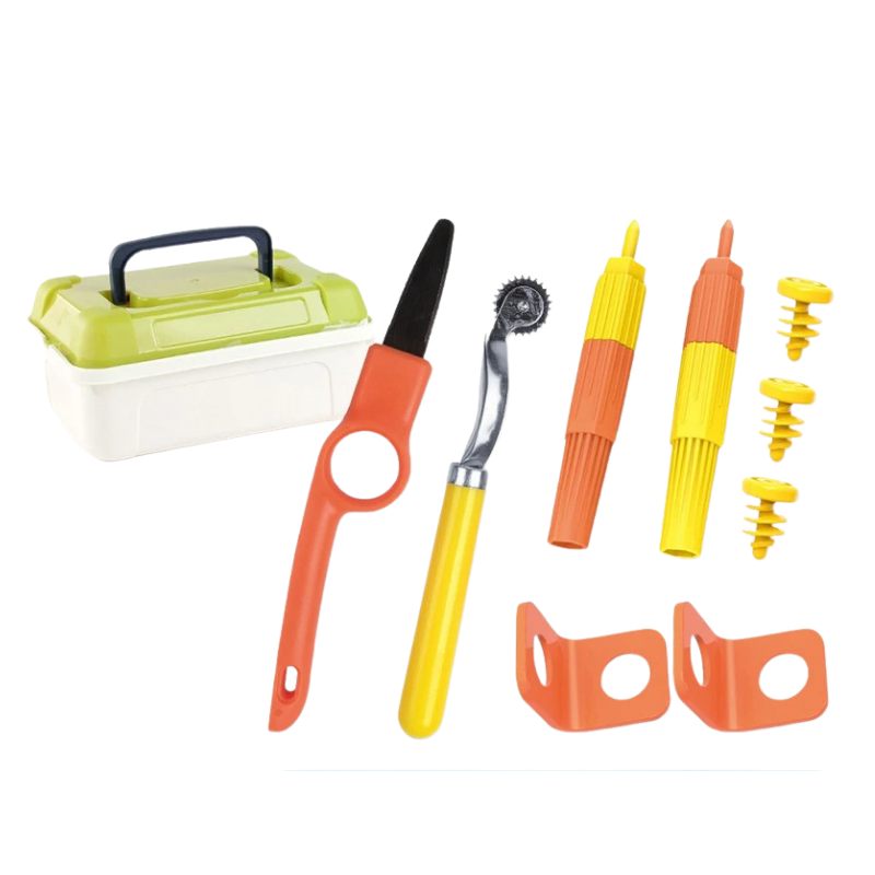 Ensemble complet du kit d'outils en carton avec instructions visibles