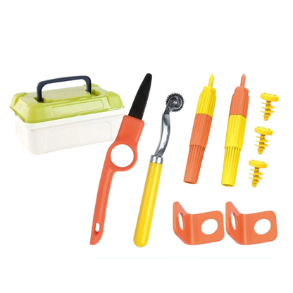 Ensemble complet du kit d'outils en carton avec instructions visibles