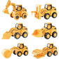 Six jouets de construction alignés, comprenant divers engins