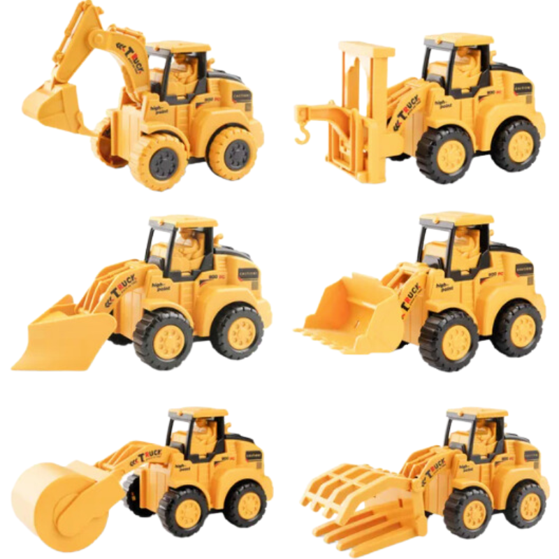 Six jouets de construction alignés, comprenant divers engins