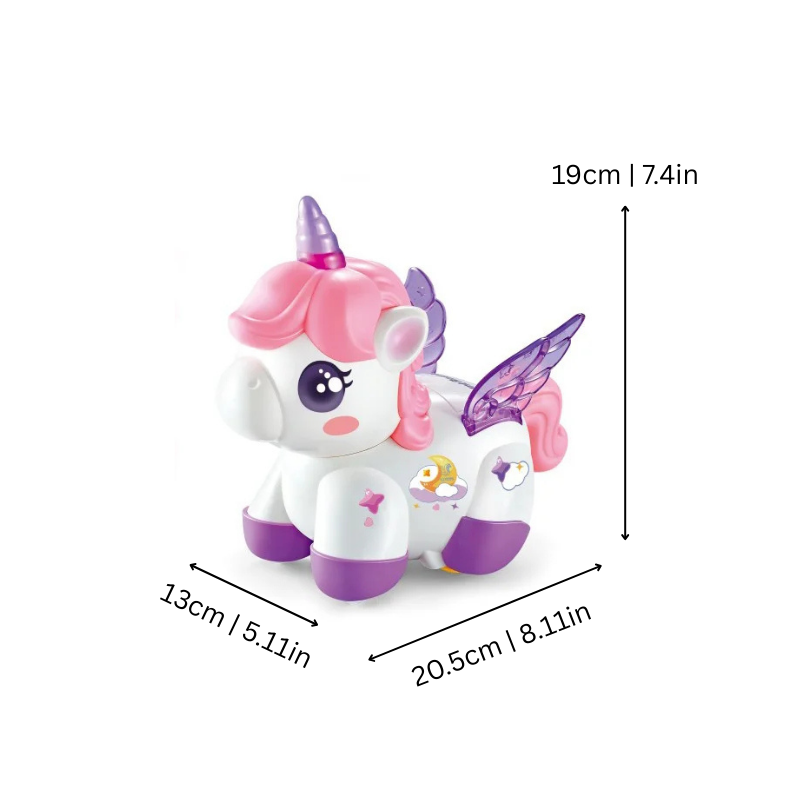 Vue de profil du robot licorne avec lumières LED colorées