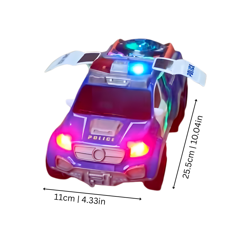 Vue latérale du camion de police jouet avec roues omnidirectionnelles