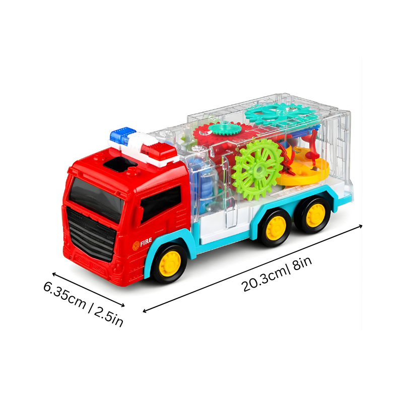 Camion jouet transparent montrant engrenages colorés en mouvement