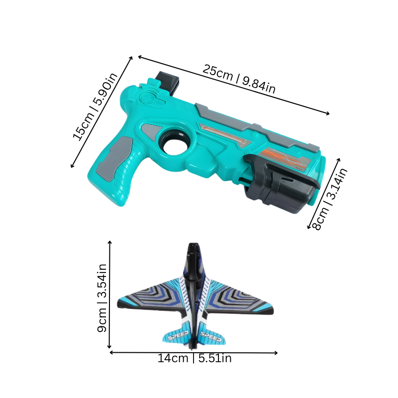 Dimensions du lanceur d'avion en mousse avec mesures détaillées
