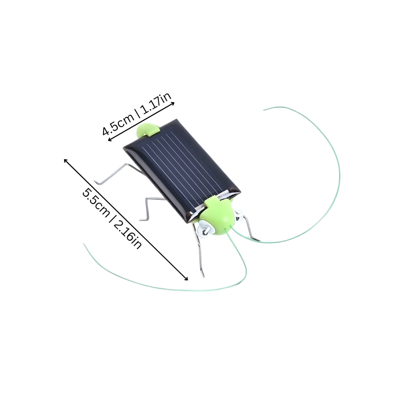 Jouet sauterelle solaire en plastique vert sur fond blanc