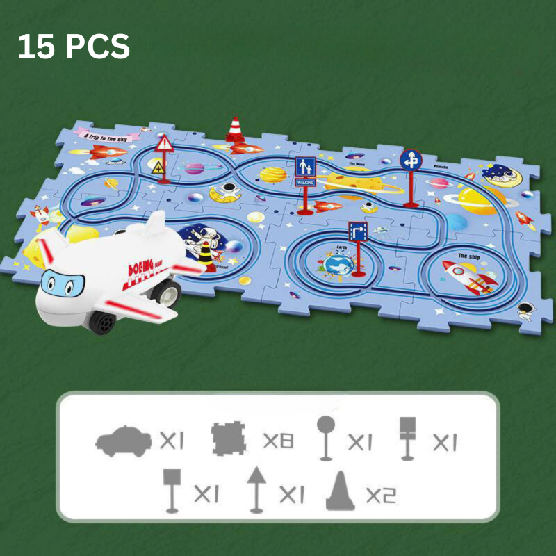 Circuit spatial avec 15 pièces, fusées et planètes