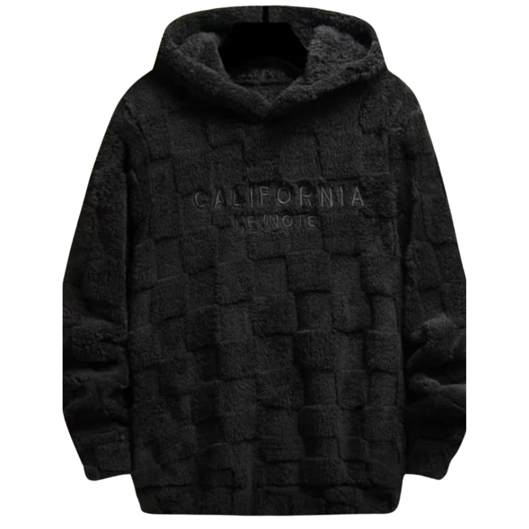 Vue d'ensemble du sweat noir en Pilou Pilou avec capuche