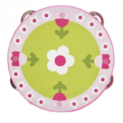 Tambourin pour bébé en bois, détails des cymbales et motifs